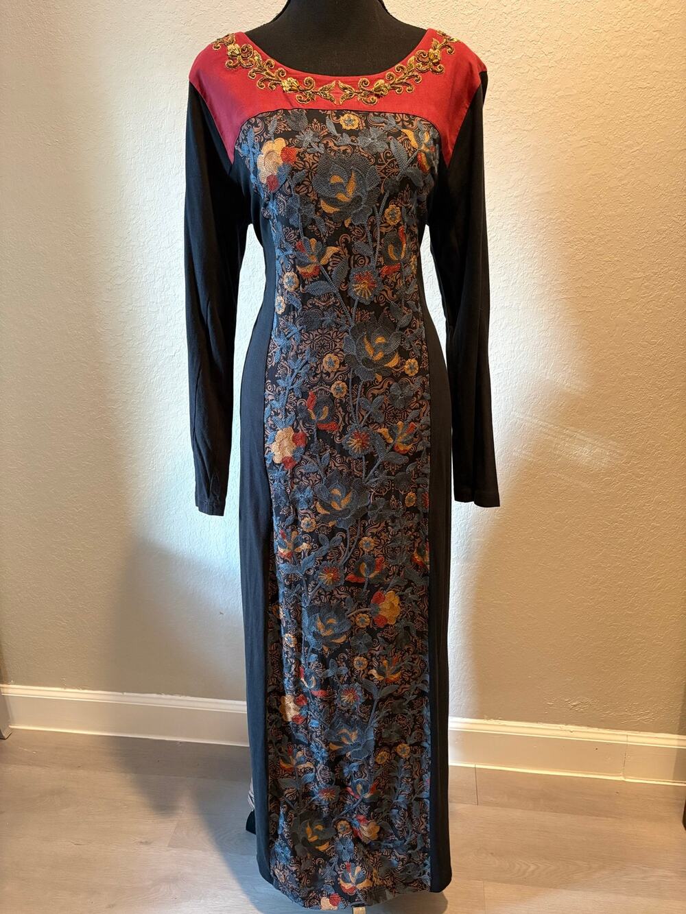 SOFT SURROUNDINGS Maxi Dress Gold-Tone Embroidery Multi-Color Sz L Tradwife